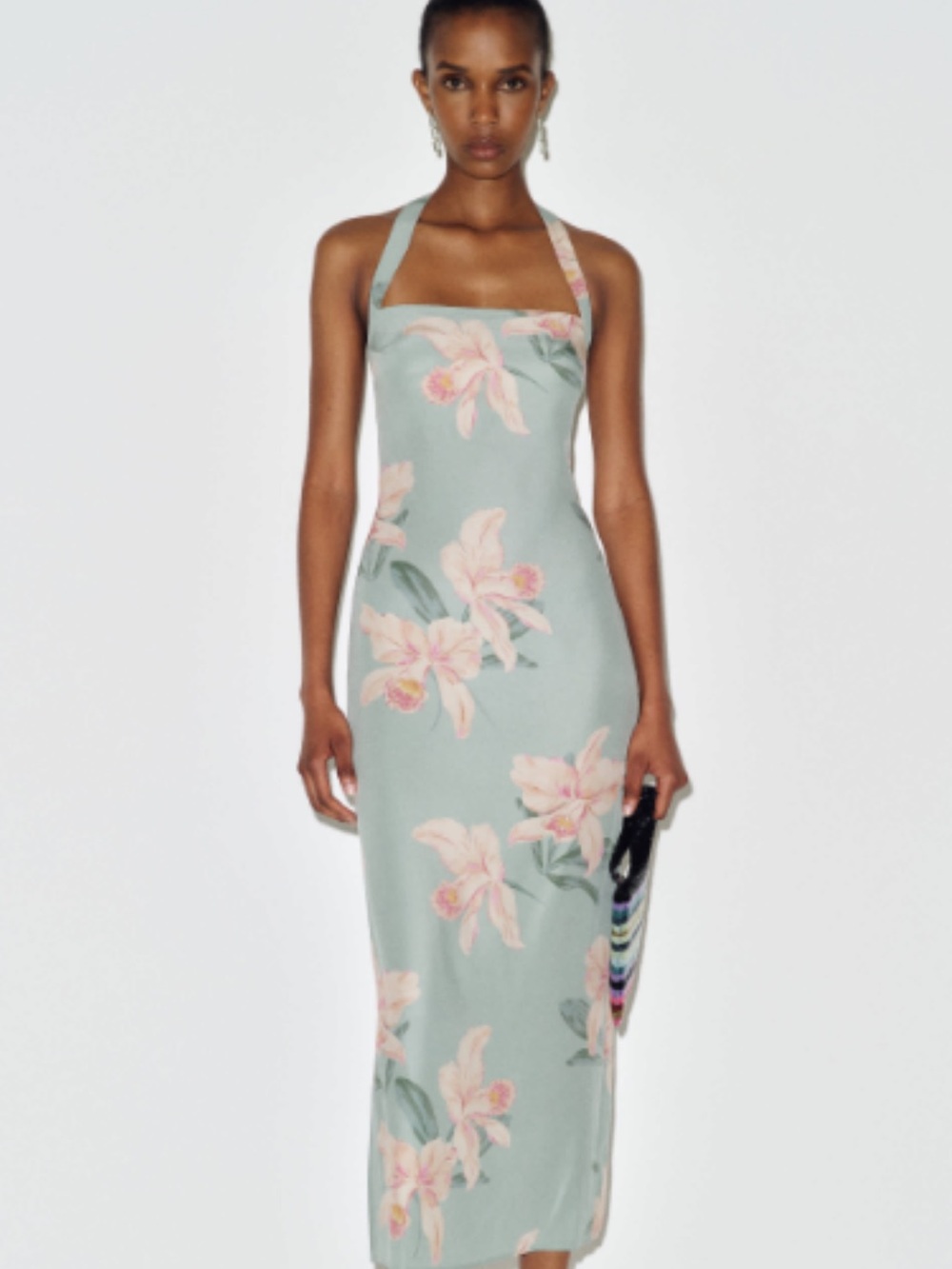 Reformation Silk Sage Green/Blue Floral Halter Midi Dress with Pink Blooms